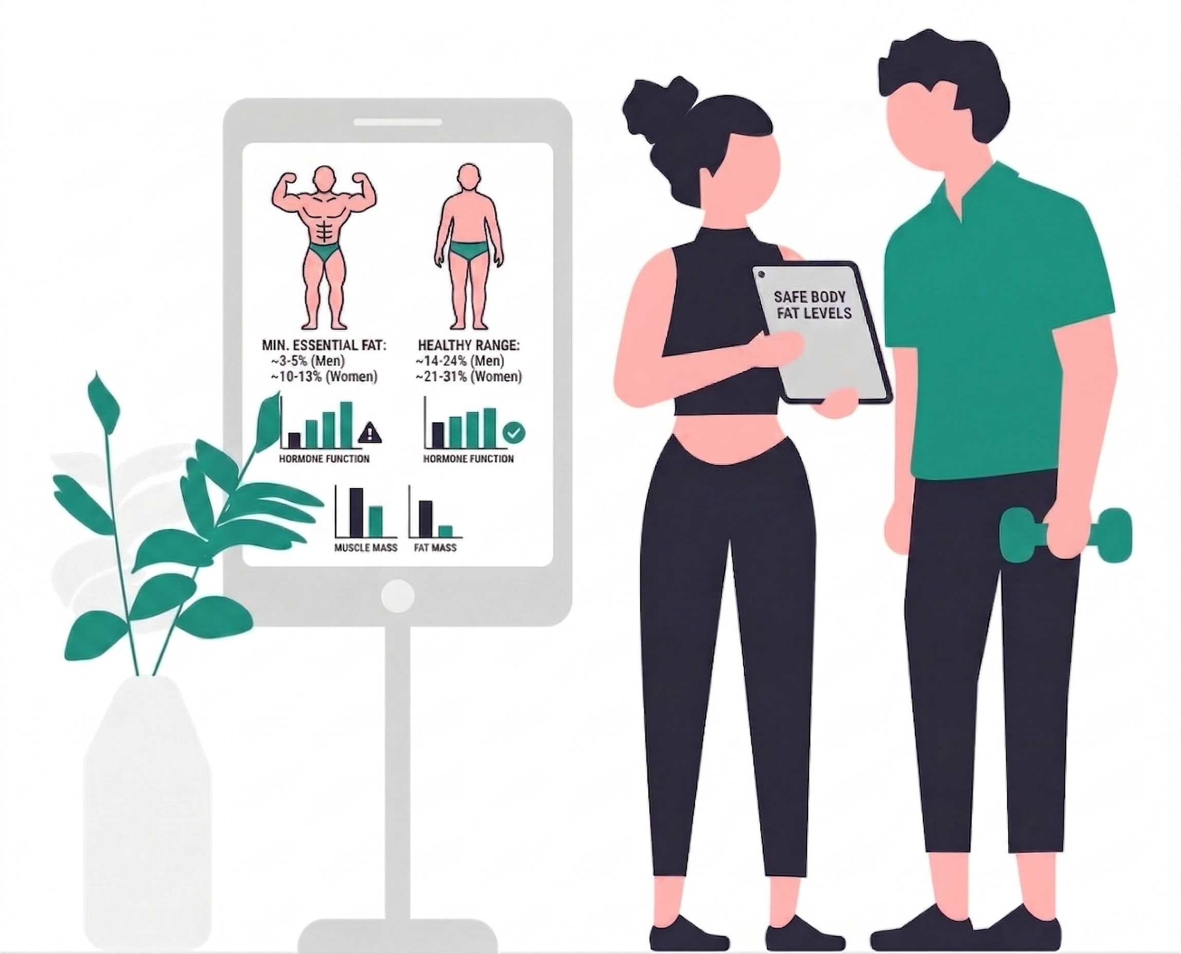 Illustration showing body fat percentage data with essential fat and healthy range charts